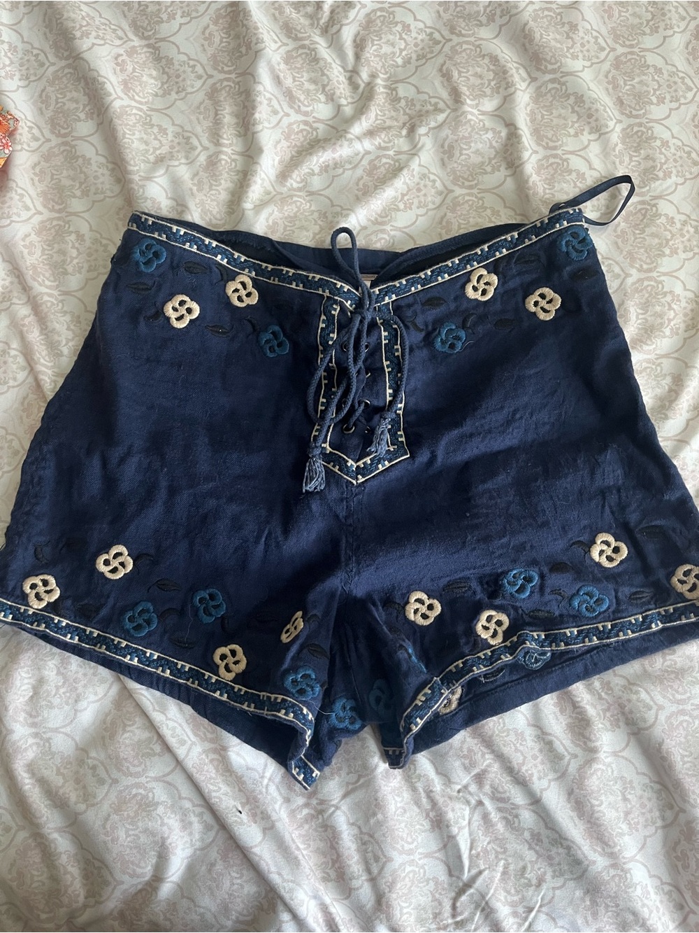 Free People Navy Embroidered Lace-Up High Waist Shorts